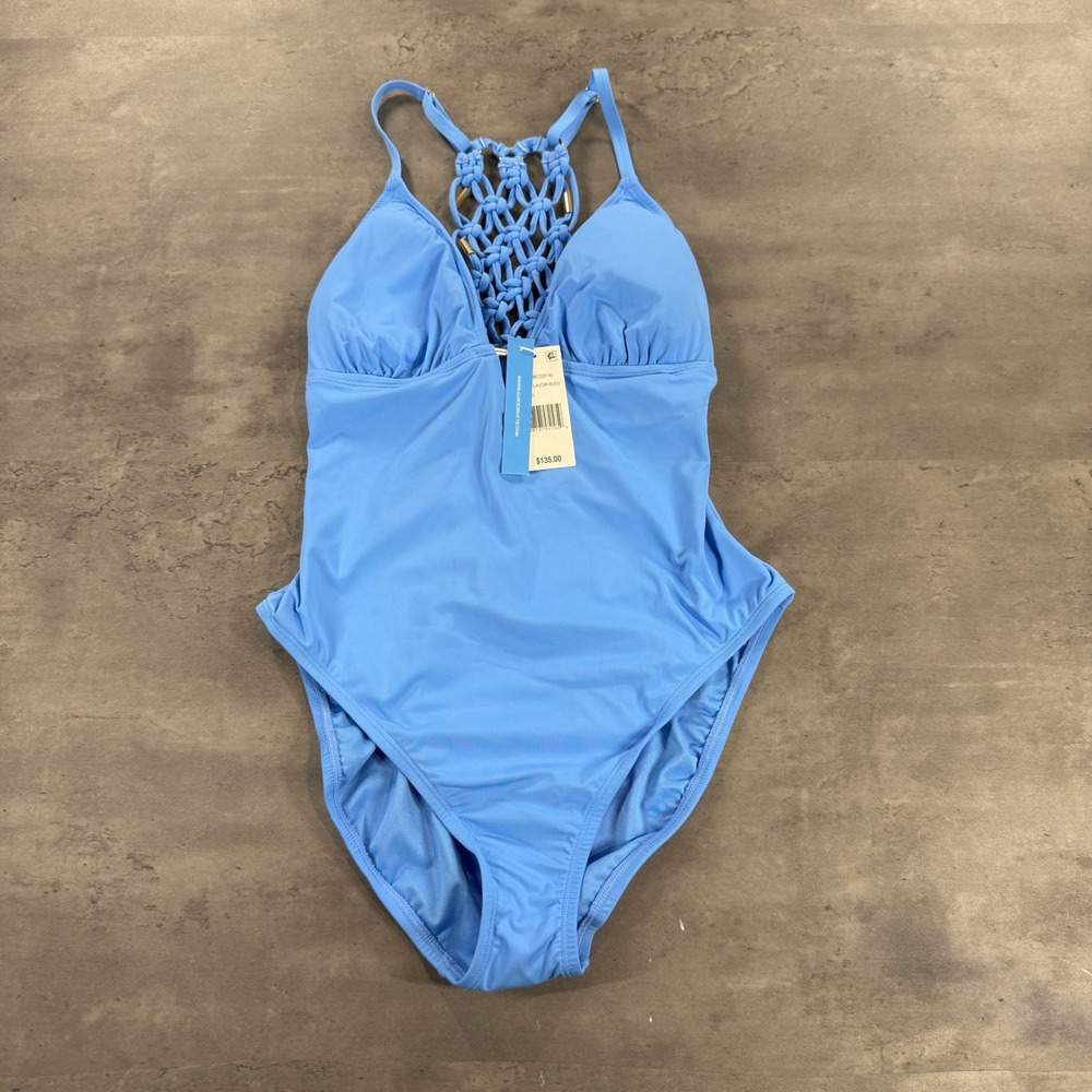 Bleu Rod Beattie One Piece Swimsuit Women 10 Macrame Racerback Blue NEW $135